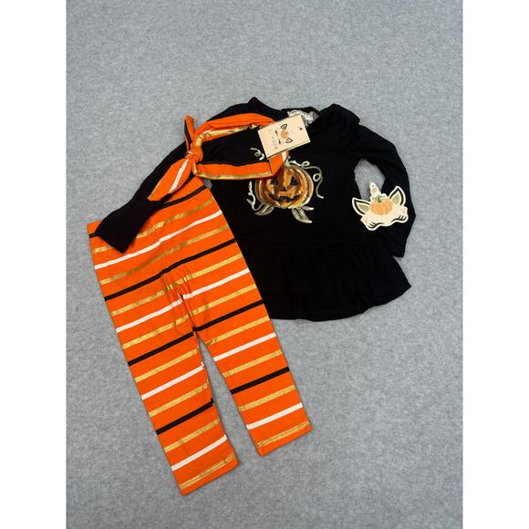 Btween Halloween Outfit Girls 18M Pumpkin Top, Striped Pants Headband Set Fall - Picture 2 of 8